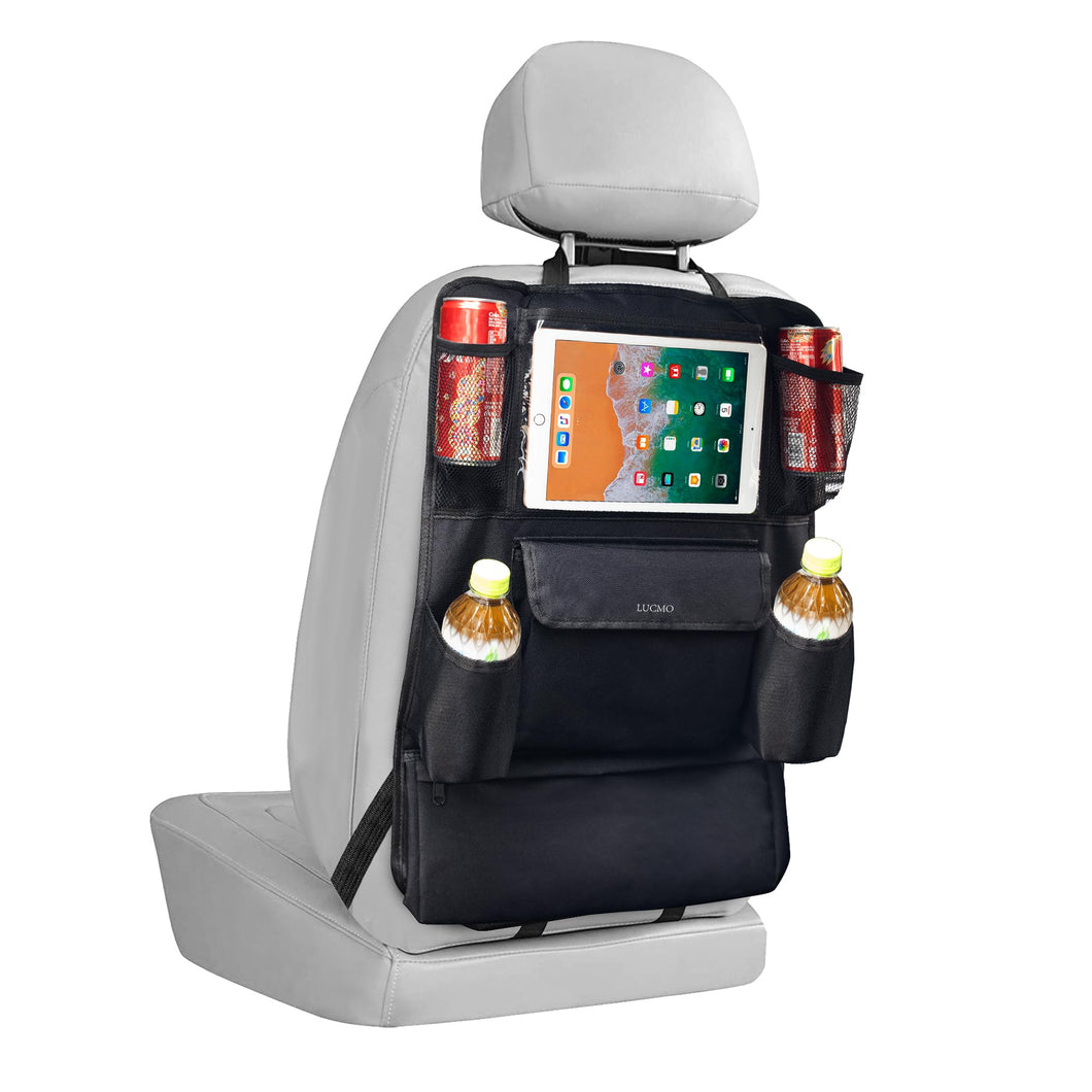 LUCMO Car Backseat Organizer with Touch Screen Tablet Holder,9 Storage Pockets Protectors Kick Mats Travel Accessories for Kids-Black