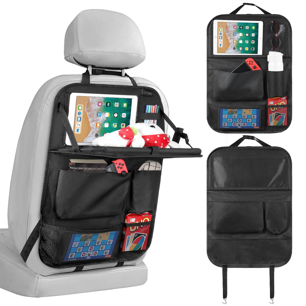 LUCMO Car Backseat Organizer with Tablet Holder,6 Storage Pockets Car Storage Organizer with Foldable Food Tray,Protectors Kick Mats Travel Accessories-Black
